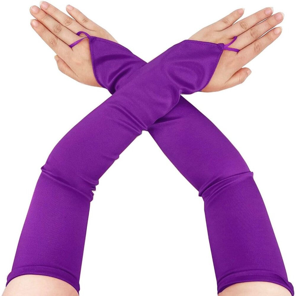 Women's Purple Stretchy Finger Loop Fingerless Satin Elbow Length Opera Gloves